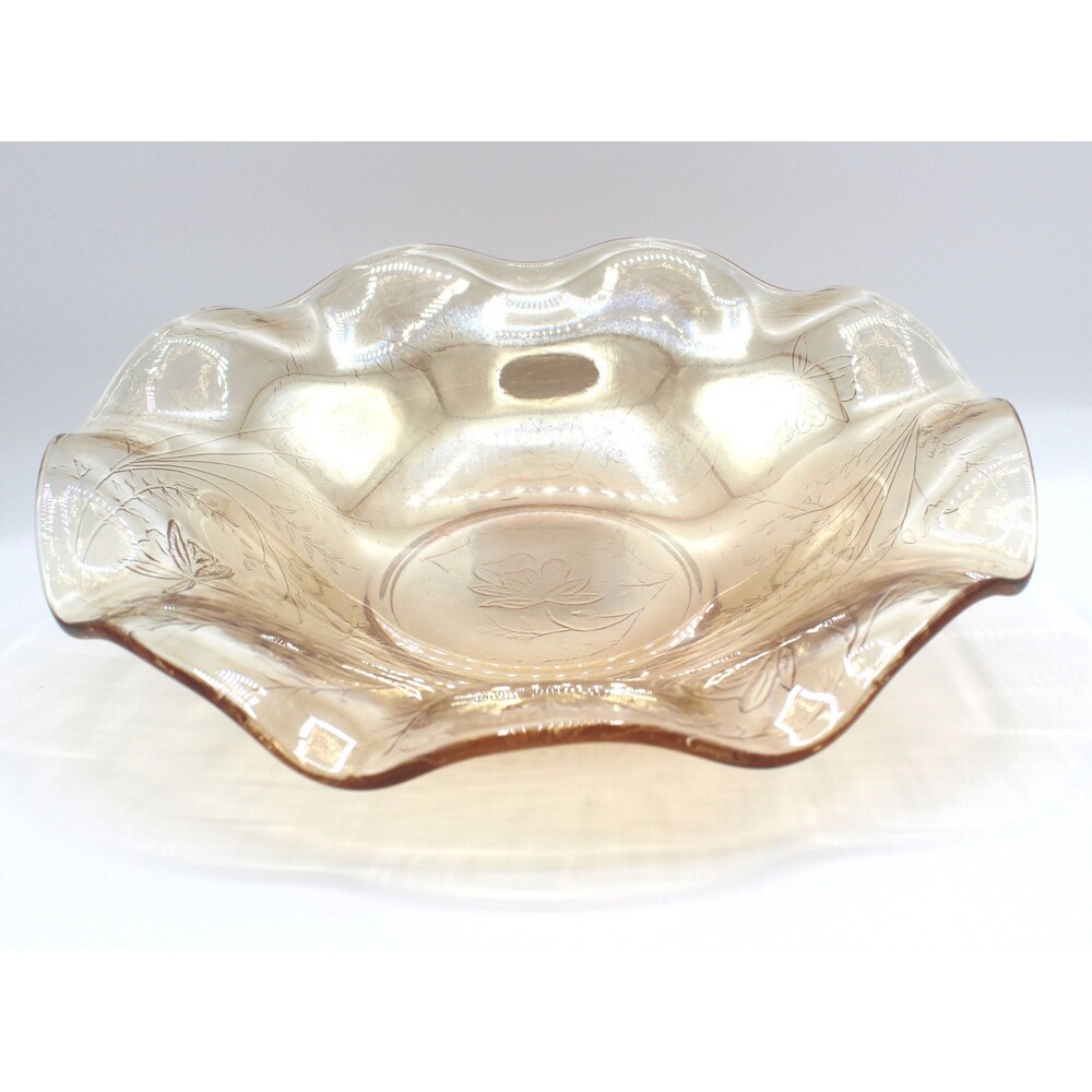 Vintage Jeannette Glass Floragold Louisa Ruffle Serving Bowl Iridescent Carnival